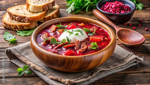 Traditional borscht with cabbage, meat, and sour cream in a rustic wooden plate, borscht, cabbage, meat