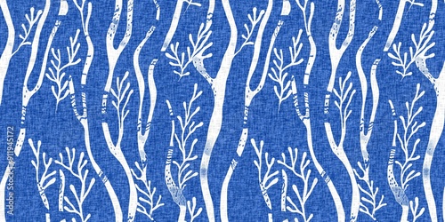 Whimsical seaweed kelp coastal electric blue beach pattern. Batik screen block print cloth effect. Playful kelp coral tropical summer background. Modern scandi underwater plant seamless design.