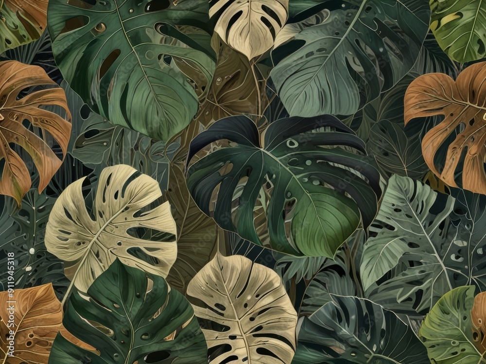 Tropical Leaves Pattern in shades of green, brown, and yellow Tropical Leaves Pattern in shades of green, brown, and yellow