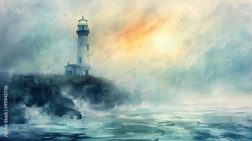 a mysterious old lighthouse on a cliff, shrouded in morning fog, gentle waves crashing against the rugged rocks, soft pastel watercolor style