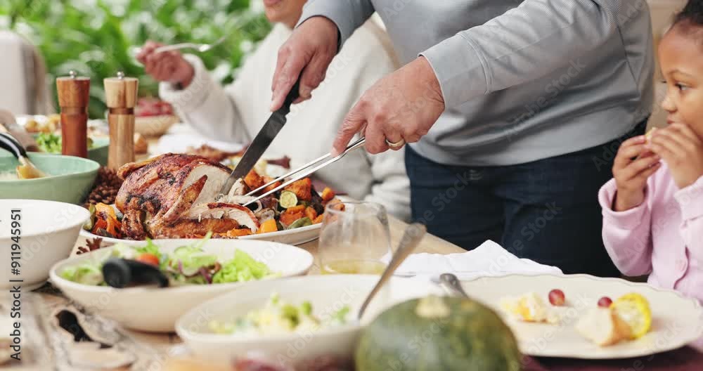 Family, celebration and carving turkey for thanksgiving dinner with food, festive and lunch for holiday or vacation. Hands, people and food at party, table and nutrition for gathering, event and home Family, celebration and carving turkey for thanksgiving dinner with food, festive and lunch for holiday or vacation. Hands, people and food at party, table and nutrition for gathering, event and home