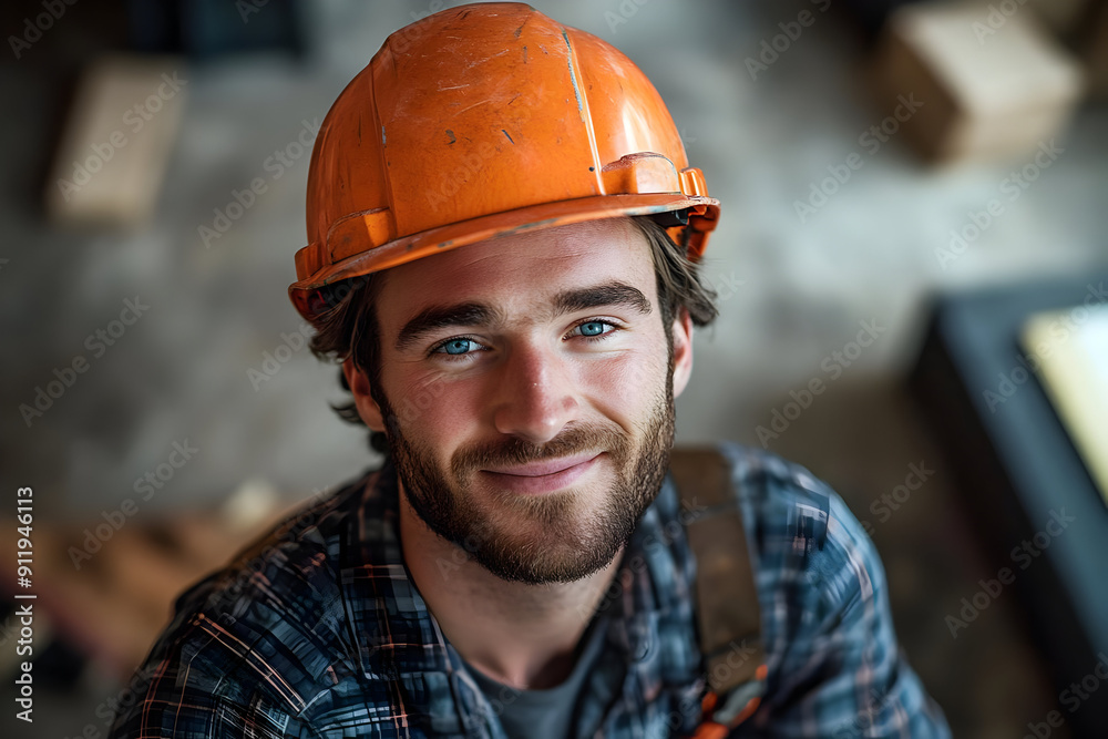 A cheerful construction worker wearing an orange hard hat, ready to take on any project with a smile. Empowering craftsmanship. A cheerful construction worker wearing an orange hard hat, ready to take on any project with a smile. Empowering craftsmanship.