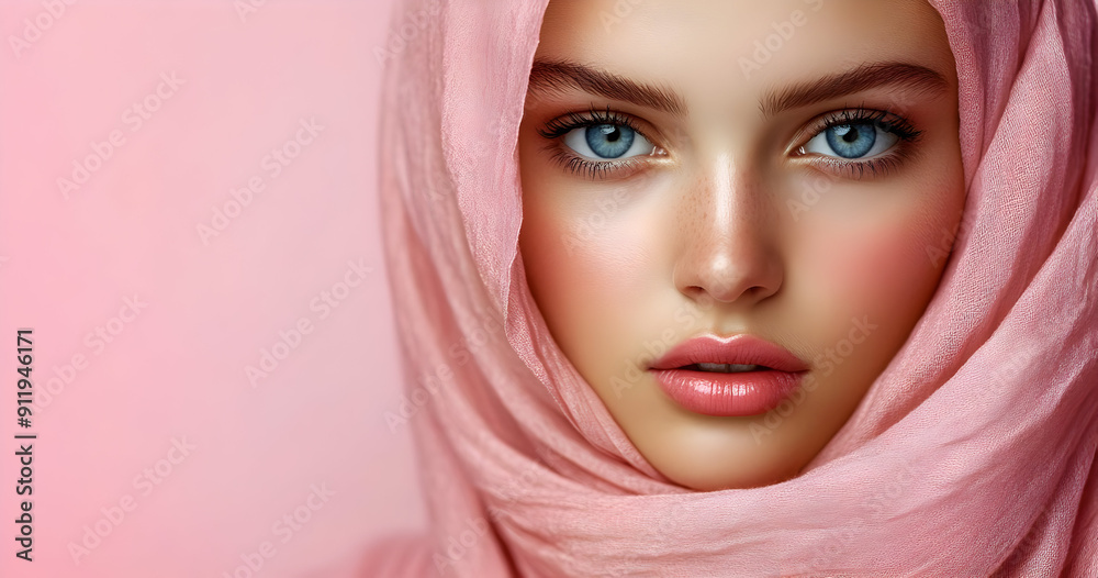 A close-up portrait of a young woman wearing a pink hijab, featuring stunning blue eyes and a natural, radiant makeup look. A close-up portrait of a young woman wearing a pink hijab, featuring stunning blue eyes and a natural, radiant makeup look.