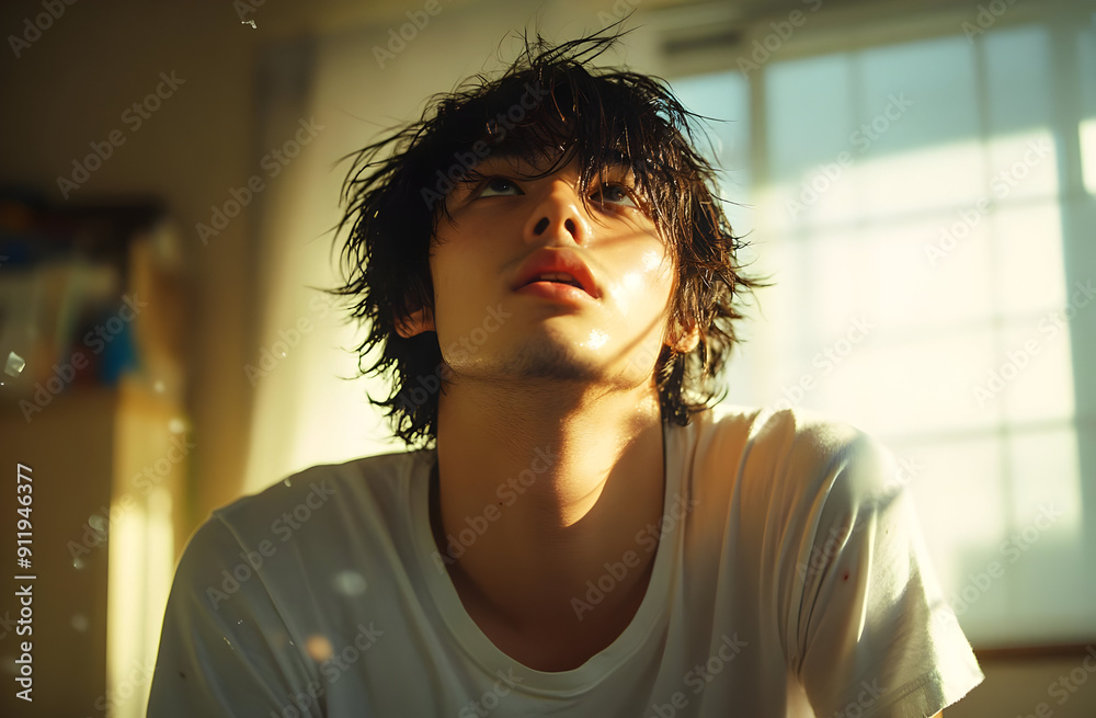 A contemplative young man gazes upward, surrounded by soft light, evoking feelings of introspection and serenity in a tranquil setting. A contemplative young man gazes upward, surrounded by soft light, evoking feelings of introspection and serenity in a tranquil setting.