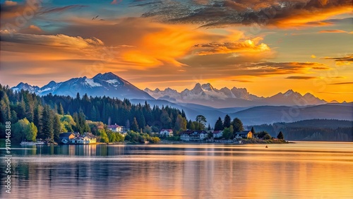 Panoramic view of the Hood Canal skyline at sunset, Hood Canal, skyline, sunset, panoramic, water, reflections