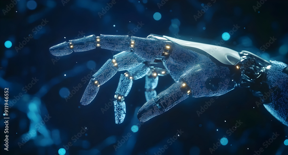Fototapeta premium A futuristic robotic hand reaching out, illuminated by glowing blue particles, symbolizing technology and innovation.
