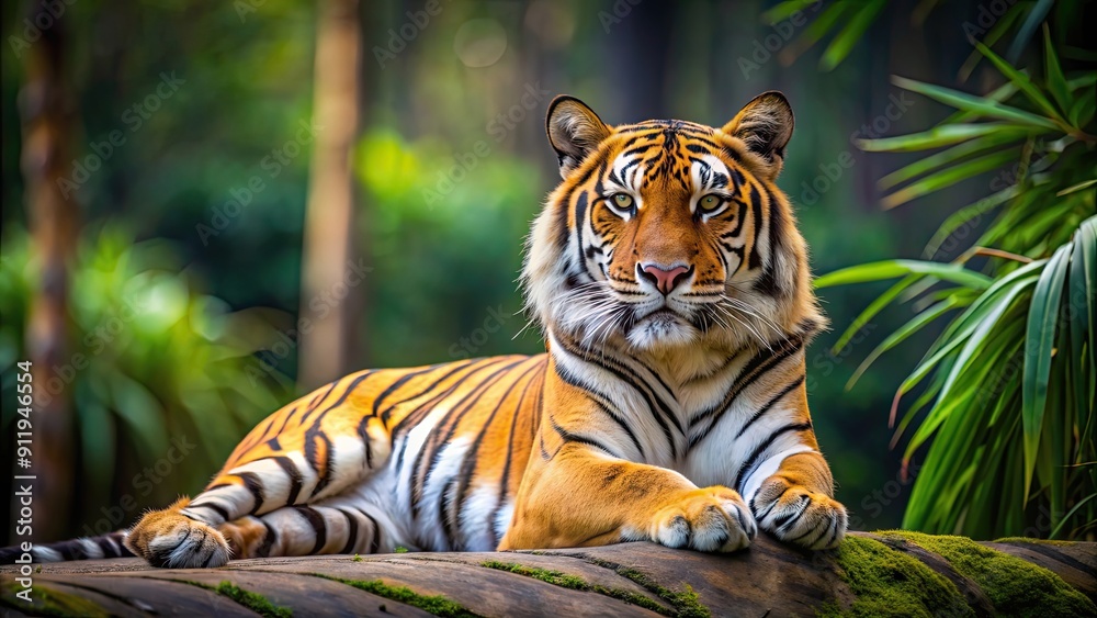 Obraz premium Majestic Bangla tiger lying in its natural habitat , tiger, wildlife, endangered, predator, stripes, big cat, feline