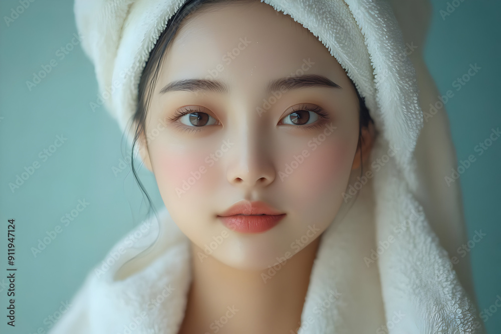Obraz premium A serene portrait of a woman with a towel, showcasing natural beauty and fresh skin, ideal for wellness and beauty themes.