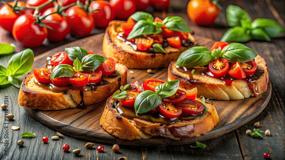 Delicious bruschetta with fresh tomatoes, basil, and balsamic glaze , appetizer, Italian, food photography
