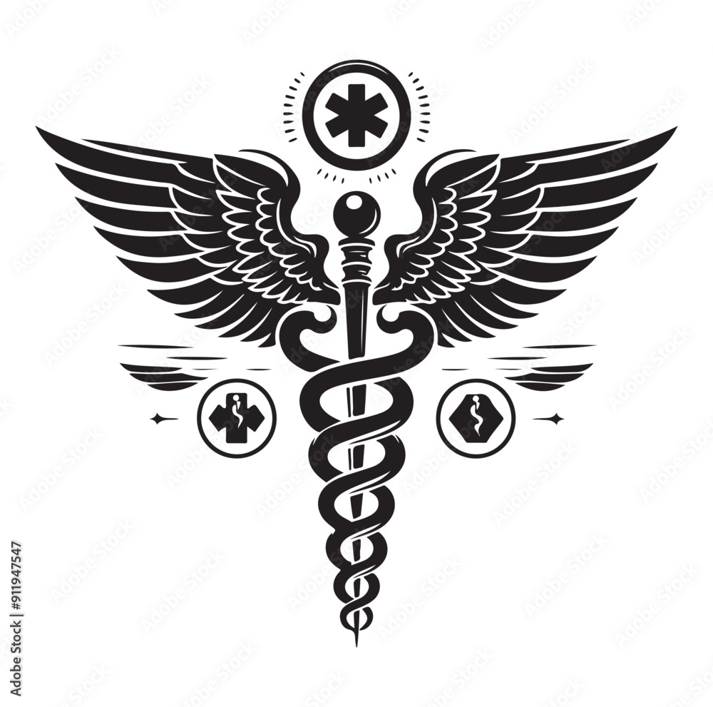 Fototapeta premium Caduceus health vector silhouette black vector art illustration design.