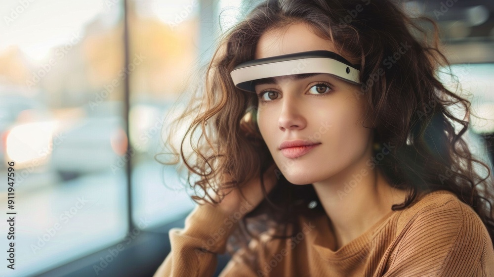 Exploring virtual reality woman wearing headset traveling on bus in front of window by medical trip concept