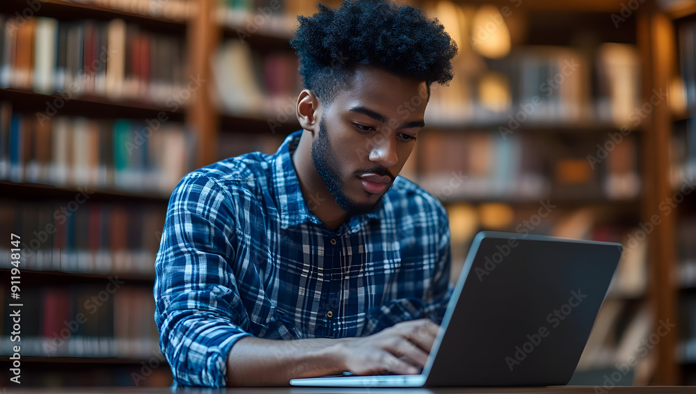 Focused student using laptop in library, surrounded by books, engaged in study or research, representing academic dedication. Focused student using laptop in library, surrounded by books, engaged in study or research, representing academic dedication.
