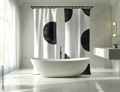 Modern bathroom featuring a stylish bathtub and artistic shower curtain with bold black and white polka dots. photo