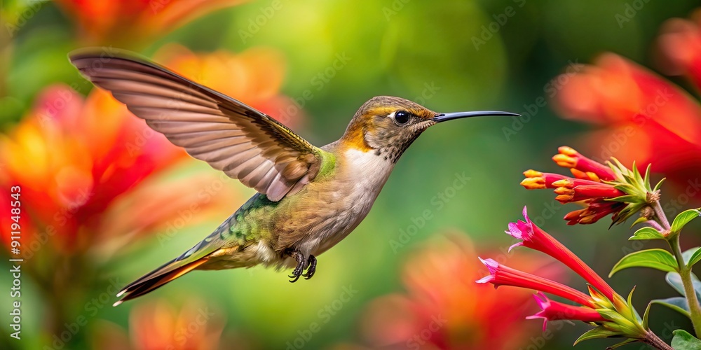 Obraz premium Close up of a hummingbird in flight extracting nectar from a cigarette bush cigar plant flower in garden, hummingbird
