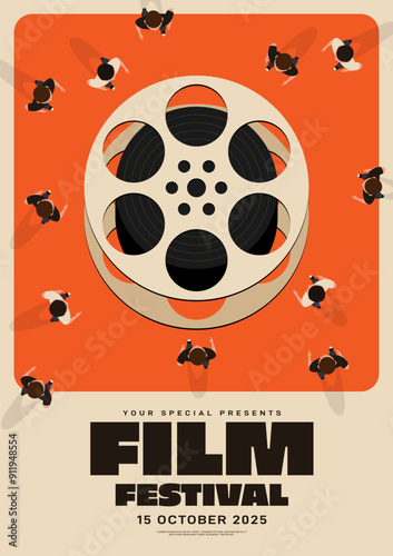 Movie and film festival poster template design modern vintage retro style. People gather together walk toward to film reel on orange background. Used for print, brochure, flyer, Vector illustration