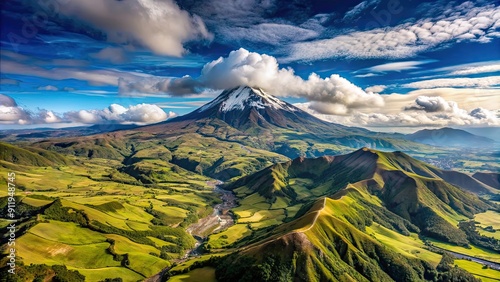 Beautiful aerial view of the Ecuadorian Andes, showcasing the majestic Pichincha Volcano, Ecuador