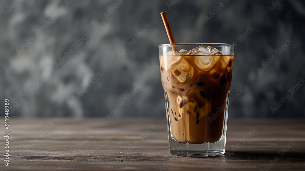 Coffee and milk are mixed in a highball glass with ice. gray wooden table background. Ai generative Coffee and milk are mixed in a highball glass with ice. gray wooden table background. Ai generative