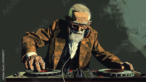 Realistic Portrait of Freud as a Retro DJ, Vintage Style Turntablist, Freudian Themed DJ Booth, Historic Personality in Modern Context.