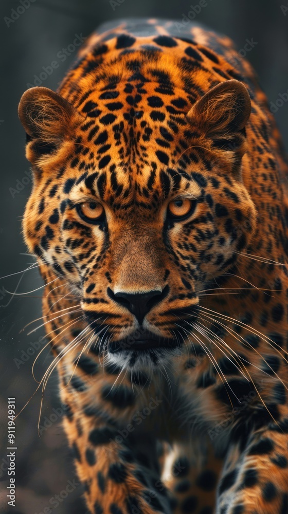 Obraz premium Closeup of a leopard's face, showing its intense gaze and spotted fur.