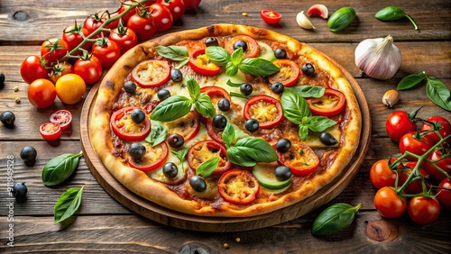 Delicious homemade pizza topped with fresh ingredients, pizza, food, homemade, delicious, cheese, tomato, basil, crust, Italian photo