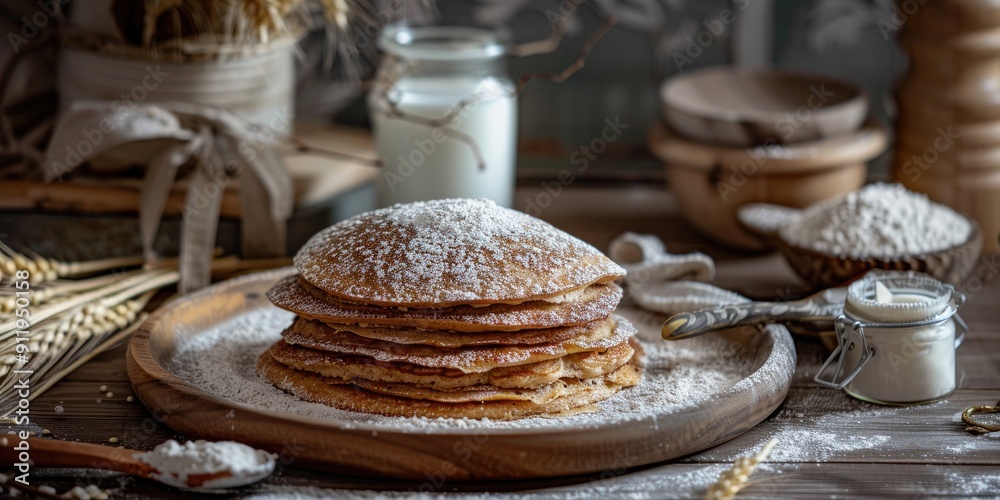 French Buckwheat Galettes Bretonnes Pancakes with Flour Wheat Plant and Milk on a Table