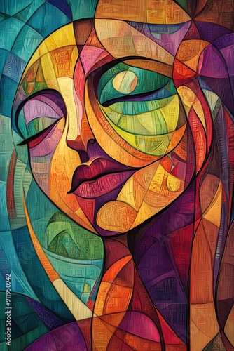 Abstract Portrait in Stained Glass Style with Colorful Geometric Shapes and Patterns