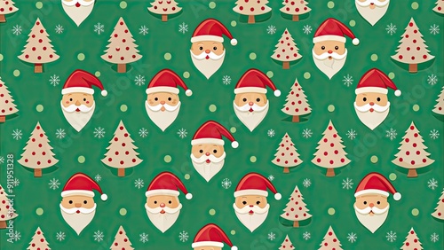 Seamless Christmas pattern with Santa Claus and trees on green background, festive, holiday, winter, seamless