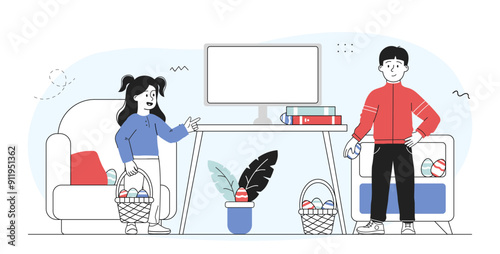 Easter egg hunt kids. Boy and girl near basket of eggs. Traditional spring religious holiday and festival 20 April. Culture and traditions. Linear vector illustration