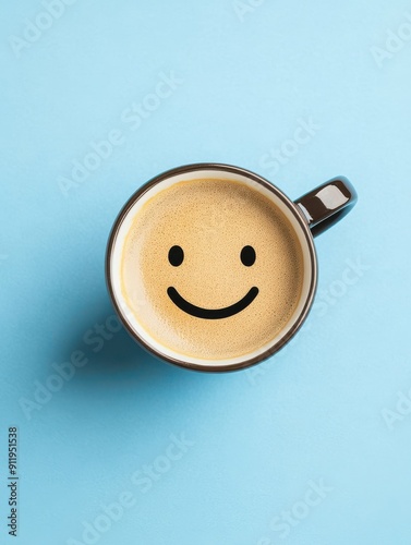 A cheerful coffee mug with a smiley face design, perfect for adding joy to your morning routine or enhancing a positive atmosphere.