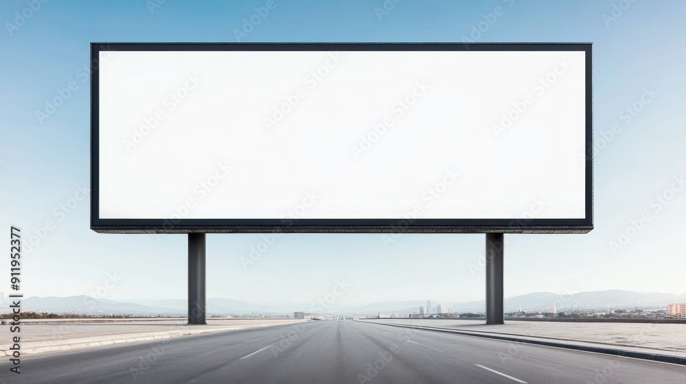 Fototapeta premium A blank billboard stands beside an empty road under a clear blue sky, ready for advertising opportunities.