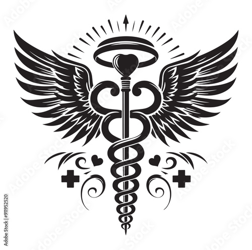 Caduceus health vector silhouette black vector art illustration design.