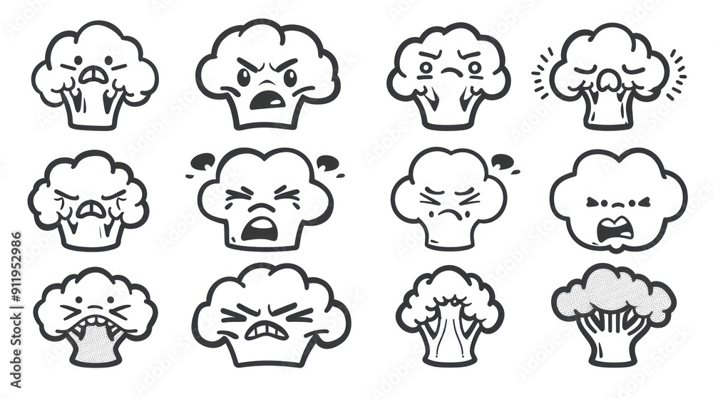 Set of 12 cartoon broccoli with different expressions. Set of 12 cartoon broccoli with different expressions.
