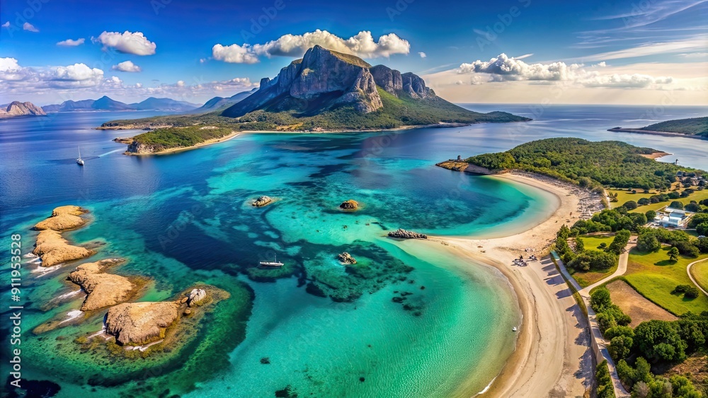Obraz premium Aerial drone panoramic view of the splendid Tavolara island and beach in Sardegna, Italy , Tavolara island, Sardegna, Italy
