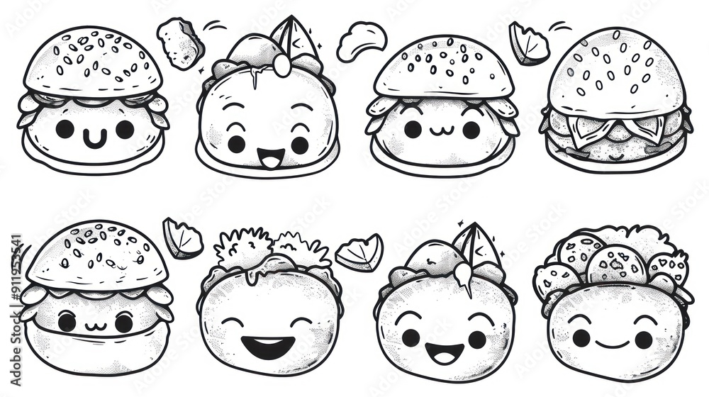 Eight cute cartoon burgers with smiling faces. Eight cute cartoon burgers with smiling faces.