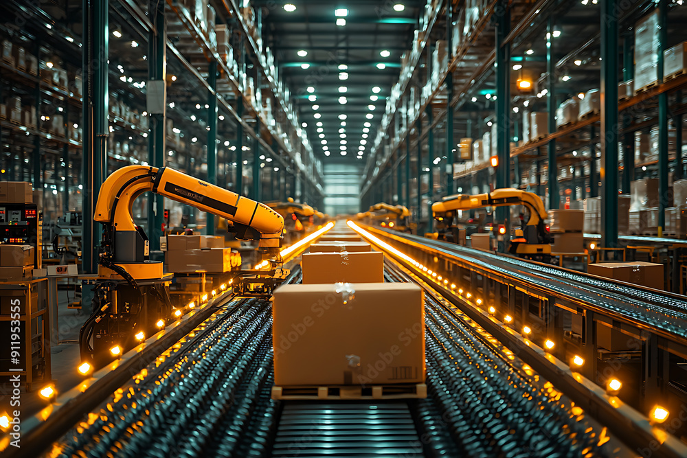 A busy warehouse featuring robotic arms and conveyor belts sorting ...