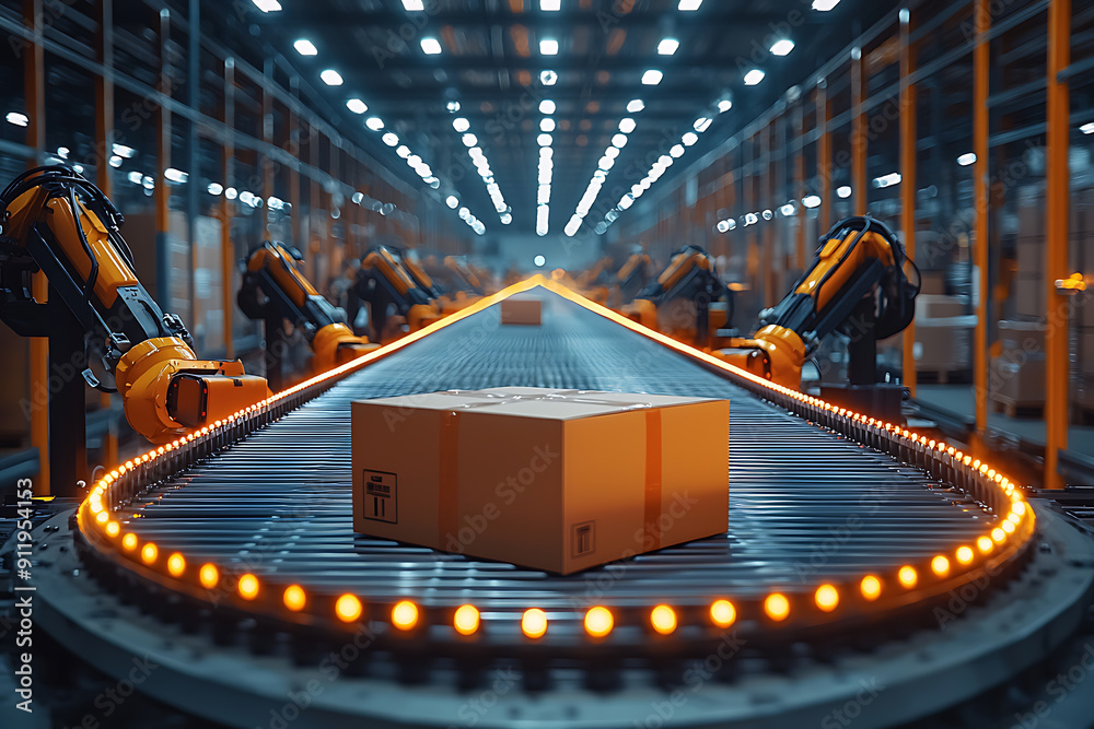 A busy warehouse featuring robotic arms and conveyor belts sorting ...