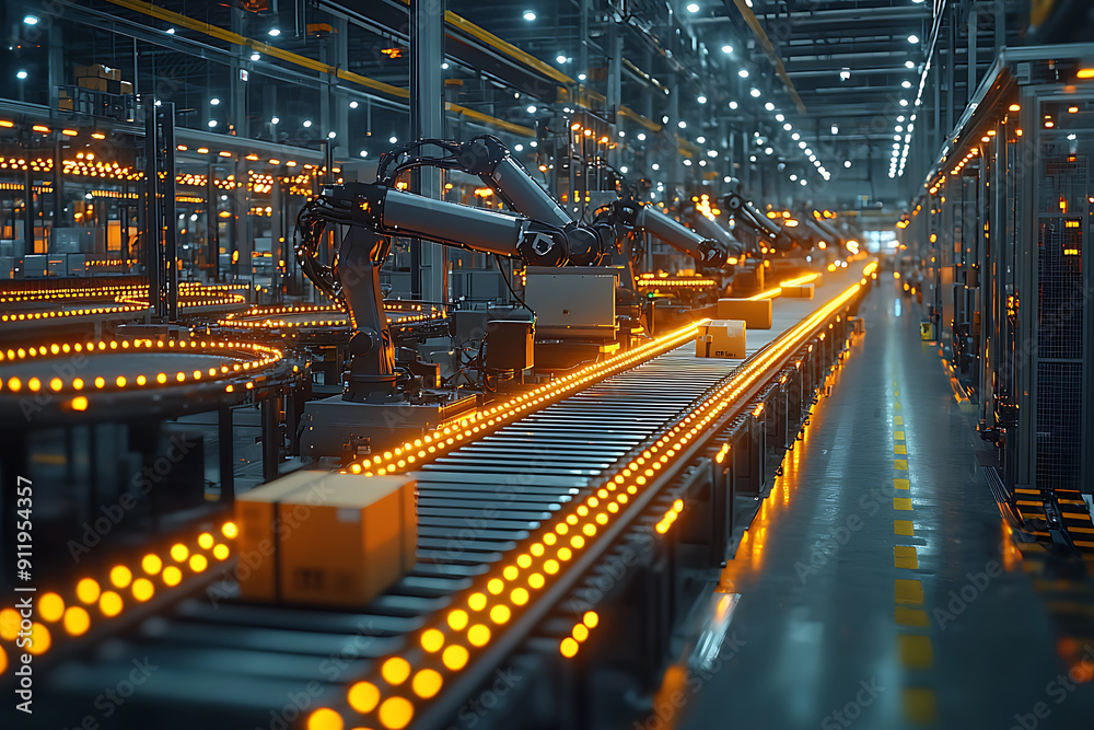 A busy warehouse featuring robotic arms and conveyor belts sorting packages, with workers monitoring the process for efficiency and accuracy.
A busy warehouse featuring robotic arms and conveyor belts sorting packages, with workers monitoring the process for efficiency and accuracy.