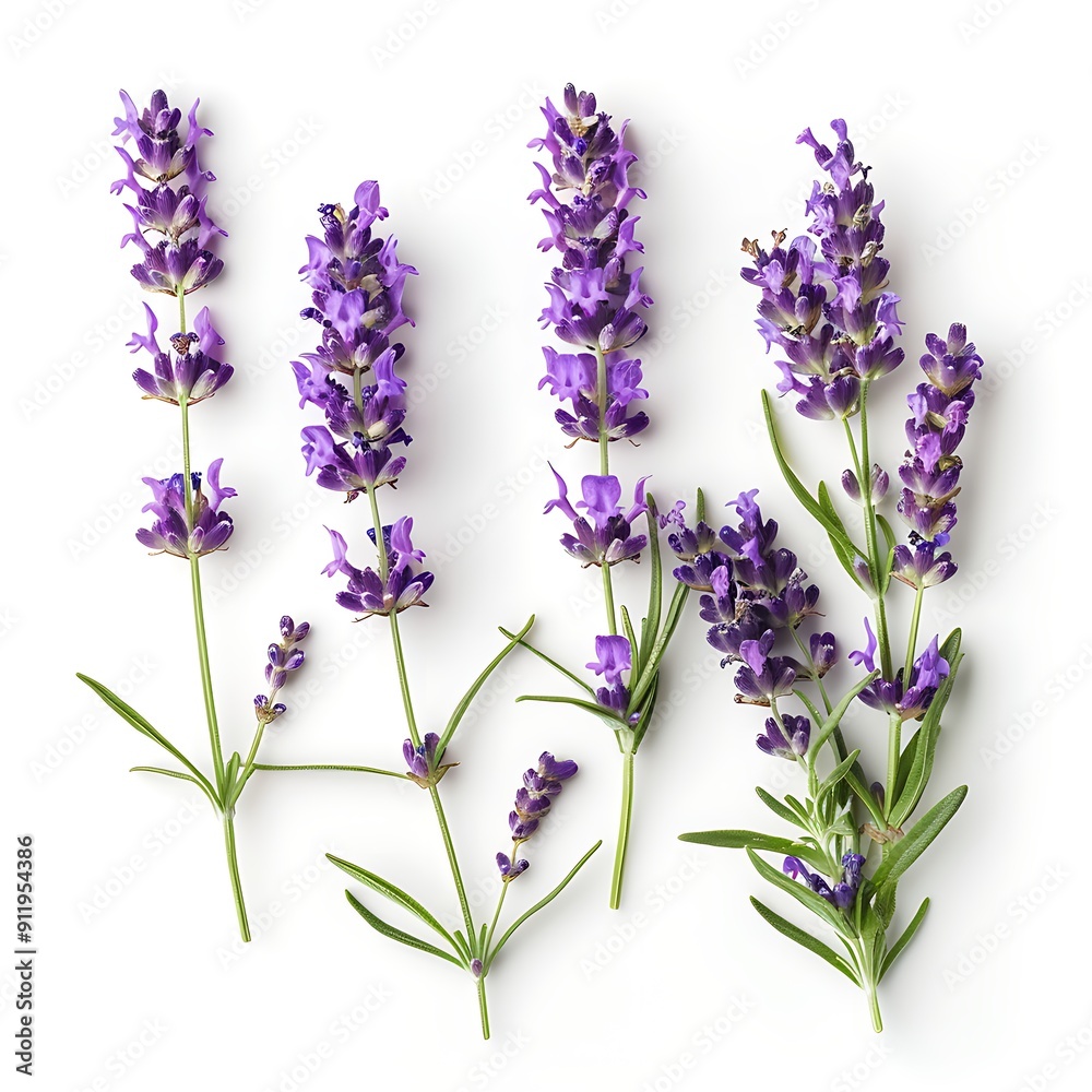 Fototapeta premium Lavender flowers isolated on white background. Top view.