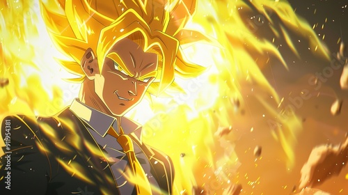 Business Suit Gentleman Channeling Super Saiyan Spirit, Goku's Iconic Yellow Hair and Aura, Non-Anime Aesthetic.
