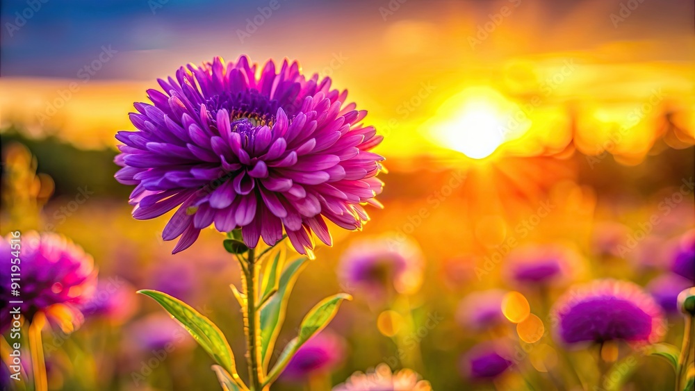 Fototapeta premium Close up of vibrant purple flower against a golden sunset background, purple, flower, sunset, close up, nature, beauty, vibrant