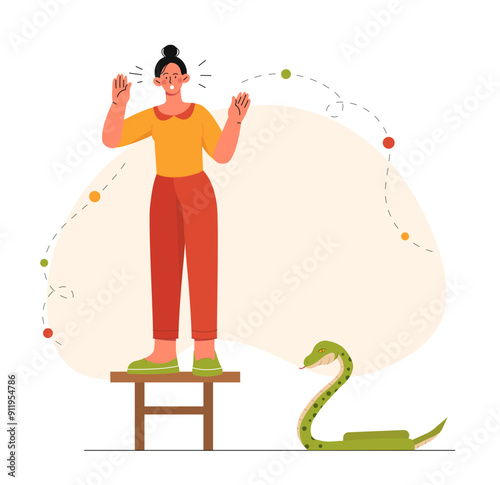Woman with fear of snakes. Young girl stands on stool and looks at snake in horror. Person with ophidiophobia. Mental and psychological problems. Flat vector illustration