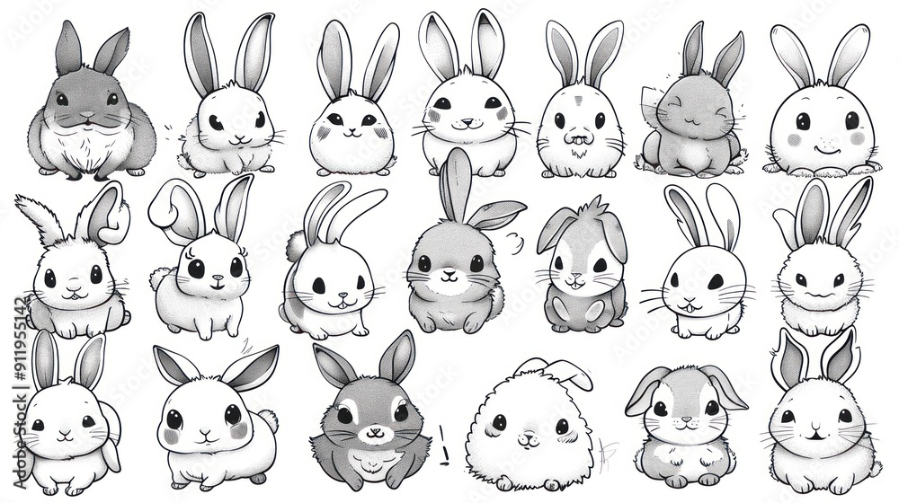 Fototapeta premium Collection of 20 adorable cartoon rabbits in black and white.
