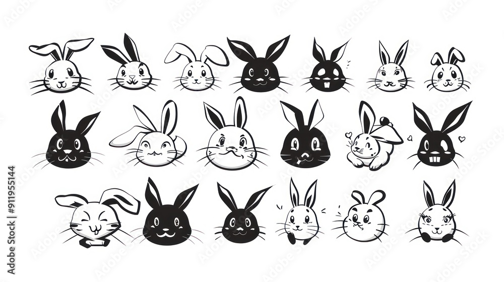 Fototapeta premium Black and white cartoon rabbit faces with different expressions.