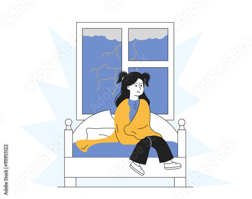 Girl with fear of thunder. Sad child looks out window at storm. Mental problems and phobia. Childhood trauma. Kid alone in dark. Linear vector illustration