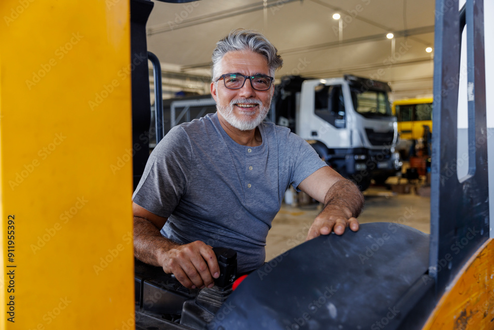 Portrait of smiling mature technician driving forklift in industry