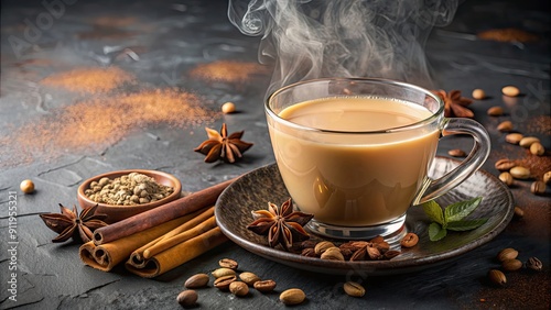 Steaming cup of traditional Indian chai tea with spices, chai, tea, Indian, traditional, cup, beverage, hot, drink, spices, black