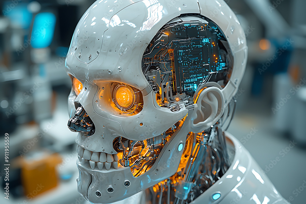 Close-up of an advanced humanoid robot with a transparent skull revealing intricate circuits and glowing neural networks, set in a high-tech lab.
Close-up of an advanced humanoid robot with a transparent skull revealing intricate circuits and glowing neural networks, set in a high-tech lab.