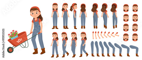 Farmer girl constructor. Happy kid in overall with cart with flowers. Pack of legs, hands and faces for creating animation. Farming and agriculture. Flat vector collection