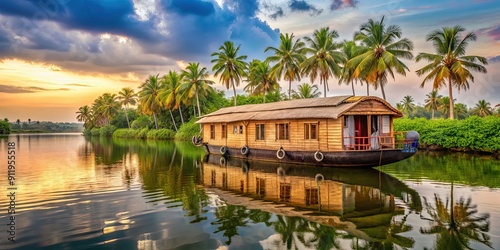 Houseboat floating on serene backwaters of Alappuzha, Kerala , houseboat, Alappuzha, backwaters, Kerala, India, tourism