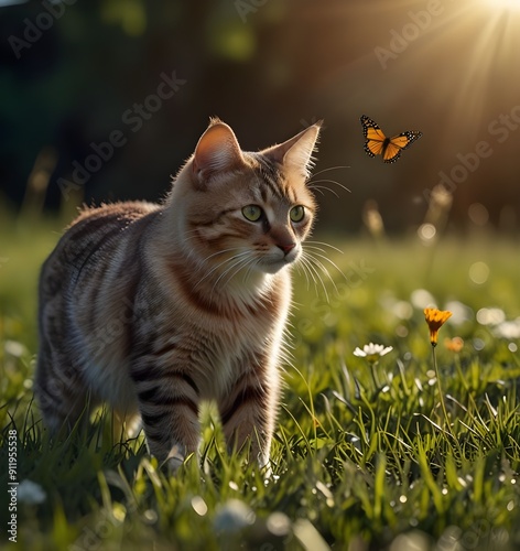 young cat hunting butterfly on a meadow backlit